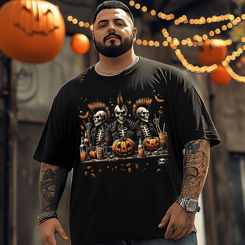 Spooky Skeletons with Pumpkin Halloween T-Shirt, Plus Size Oversize T-shirt for Big & Tall Man