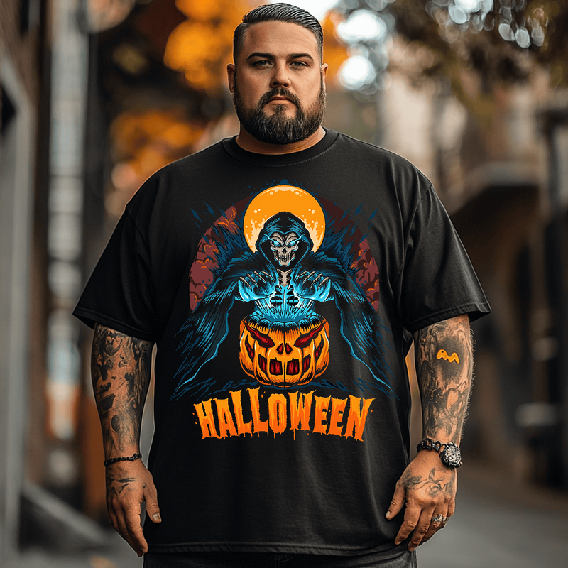 Halloween Skull Pumpkin T-Shirt, Plus Size Oversize T-shirt for Big & Tall Man