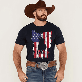 USA Flag Cowboy Roping T-Shirt, Men Plus Size Oversize T-shirt for Big & Tall Man