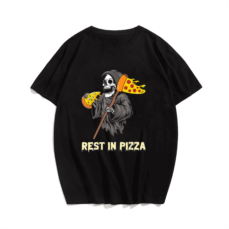 Funny Grim Reaper Eating Pizza Slice a Rest In Pizza T-Shirt, Plus Size Oversize T-shirt for Big & Tall Man