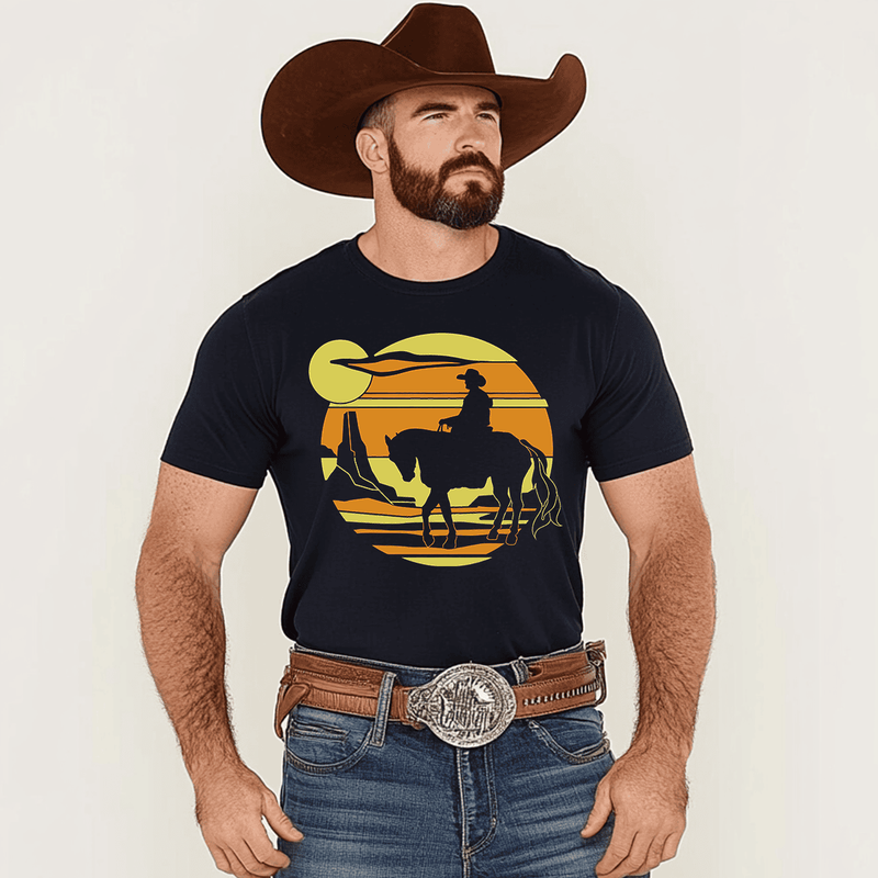 Cowboy Sunset T-Shirt, Men Plus Size Oversize T-shirt for Big & Tall Man