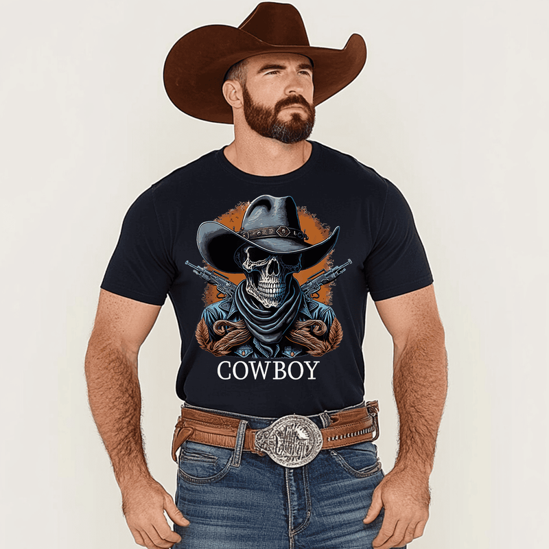 Skull Cowboy T-Shirt, Men Plus Size Oversize T-shirt for Big & Tall Man