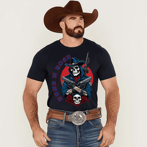 Skull Sheriff Cowboy T-Shirt, Men Plus Size Oversize T-shirt for Big & Tall Man