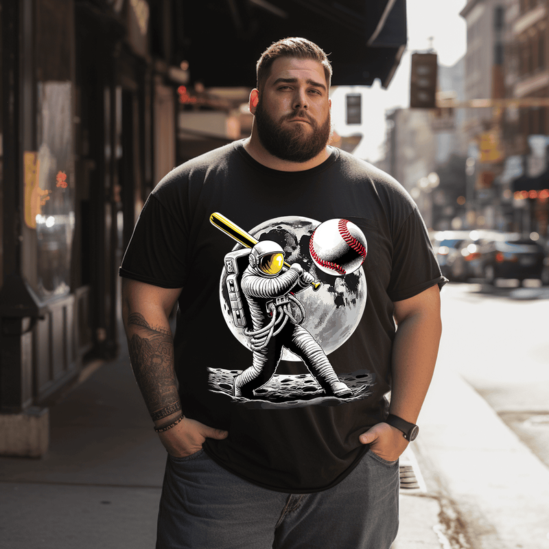 Baseball Astronaut Funny Space Baseball T-Shirt, Plus Size Oversize T-shirt for Big & Tall Man