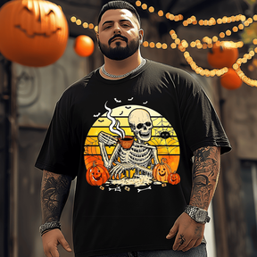 Skull and coffee Halloween Men T-Shirt, Plus Size Oversize T-shirt for Big & Tall Man