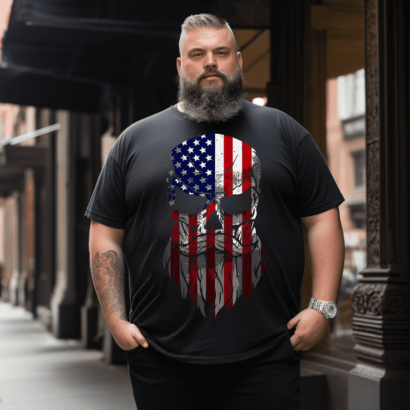 American Beard Skull Men's T-Shirt, Plus Size Oversize T-shirt for Big & Tall Man