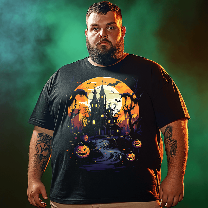 Halloween Haunted House T-Shirt, Plus Size Oversize T-shirt for Big & Tall Man