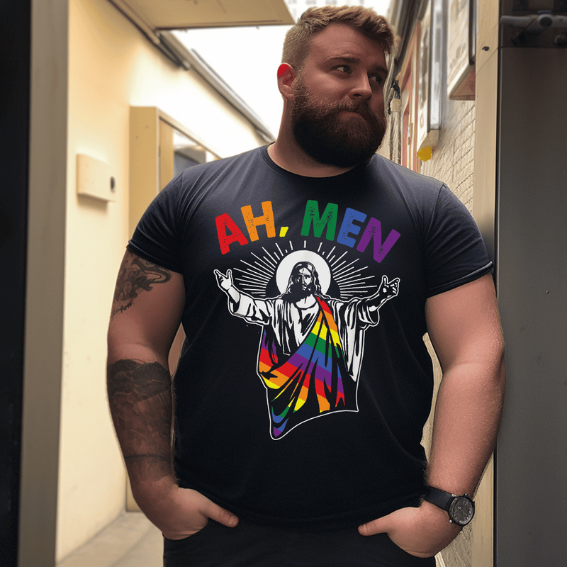Ah Men LGBT Gay Pride Jesus Rainbow Flag Christian T-Shirt, Men Plus Size T-shirt for Big & Tall
