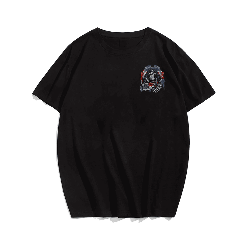 USA Flag Skeleton Skull Reaper Trucker Truck Driver T-Shirt, Plus Size Oversized T-Shirt for Big and Tall Men 1XL-9XL