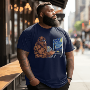 Starry Night Bigfoot Painting - Funny Sasquatch Graphic Art T-Shirt, Plus Size Oversize T-shirt for Big & Tall Man