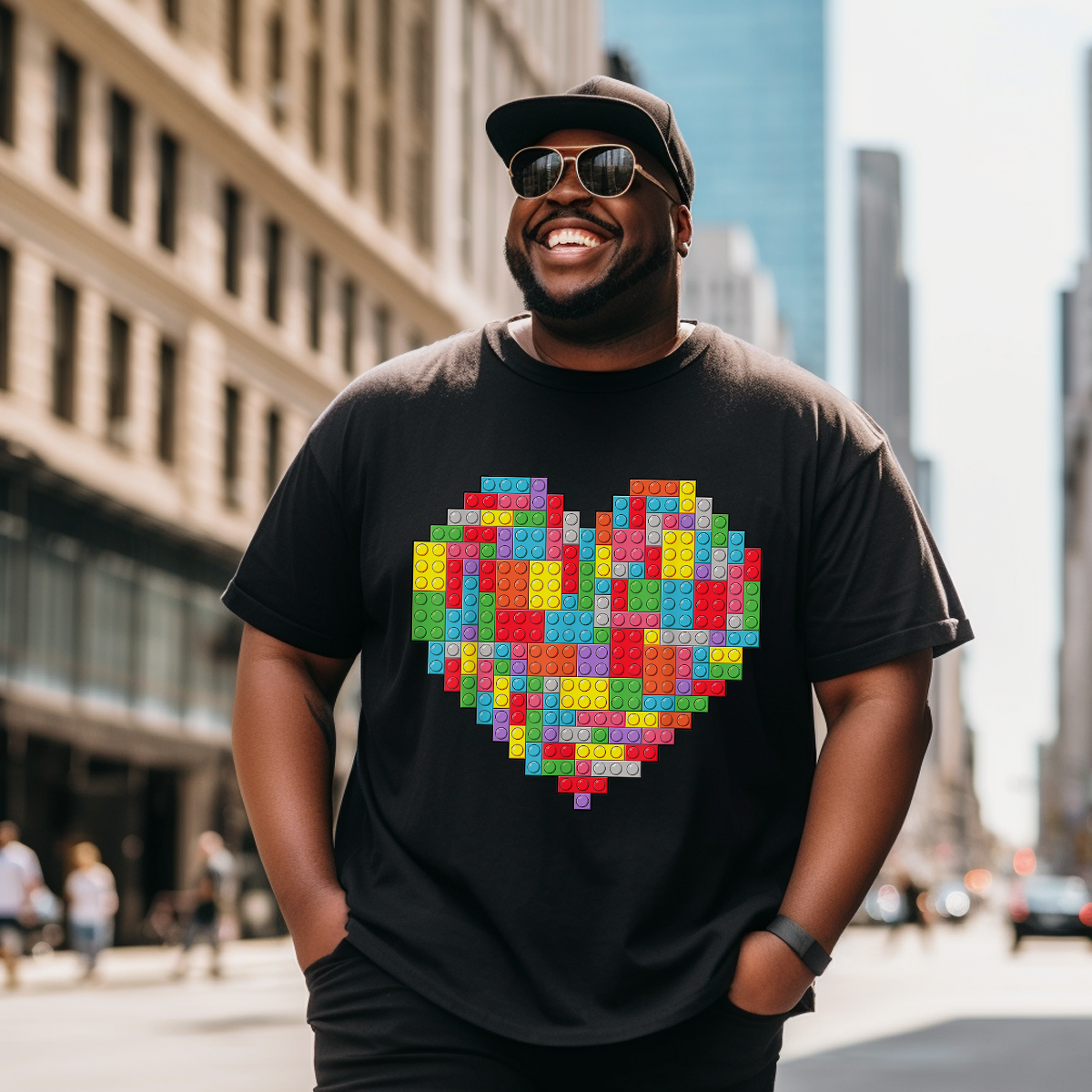 Block Brick Building Heart Valentines Day T-shirt, Men Plus Size Oversize T-shirt for Big & Tall Man