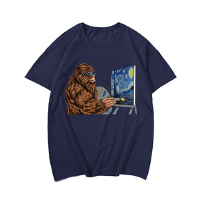 Starry Night Bigfoot Painting - Funny Sasquatch Graphic Art T-Shirt, Plus Size Oversize T-shirt for Big & Tall Man