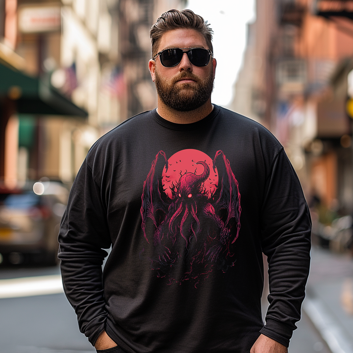 Cthulhu Mistery Monster Under Red Moon Plus Size Long Sleeve T-Shirt