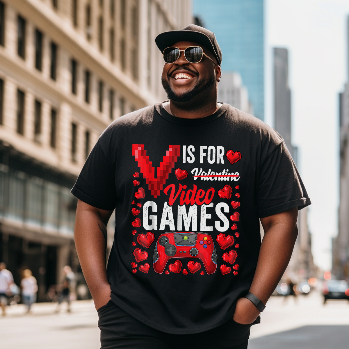 V Is For Video Games Funny Valentines Day Gamer T-Shirt, Men Plus Size Oversize T-shirt for Big & Tall Man