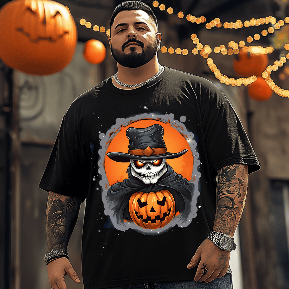 Pumpkin Ghost Halloween T-Shirt, Plus Size Oversize T-shirt for Big & Tall Man