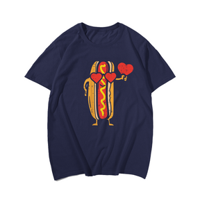 Heart Hot Dog Cute Sausage Bun Valentines Day T-Shirt, Men Plus Size Oversize T-shirt for Big & Tall Man