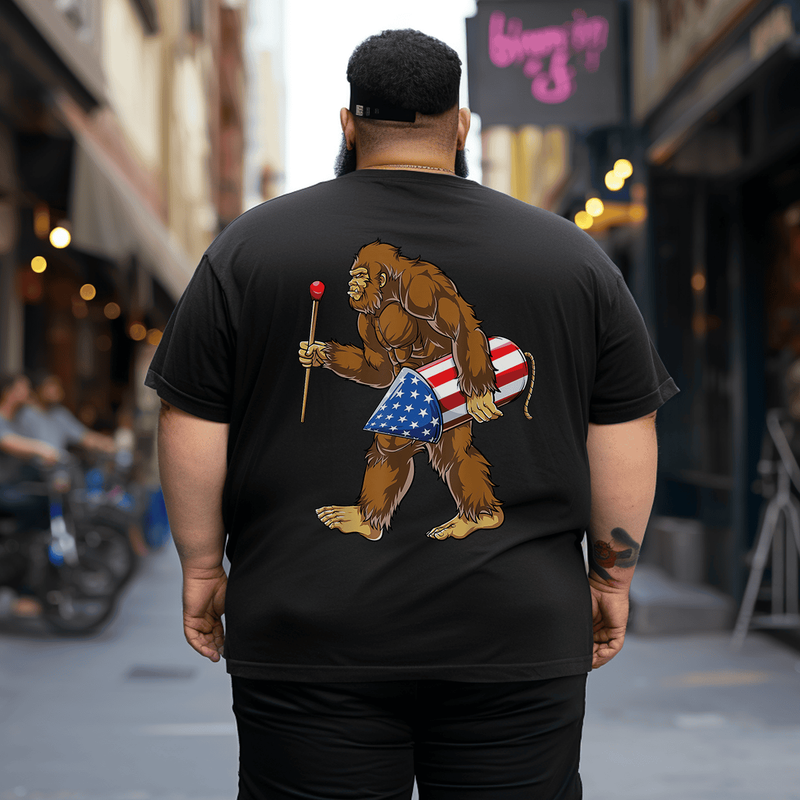 Bigfoot Fireworks 4th of July Men Sasquatch American Flag Men T-Shirt, Oversized T-Shirt for Big and Tall