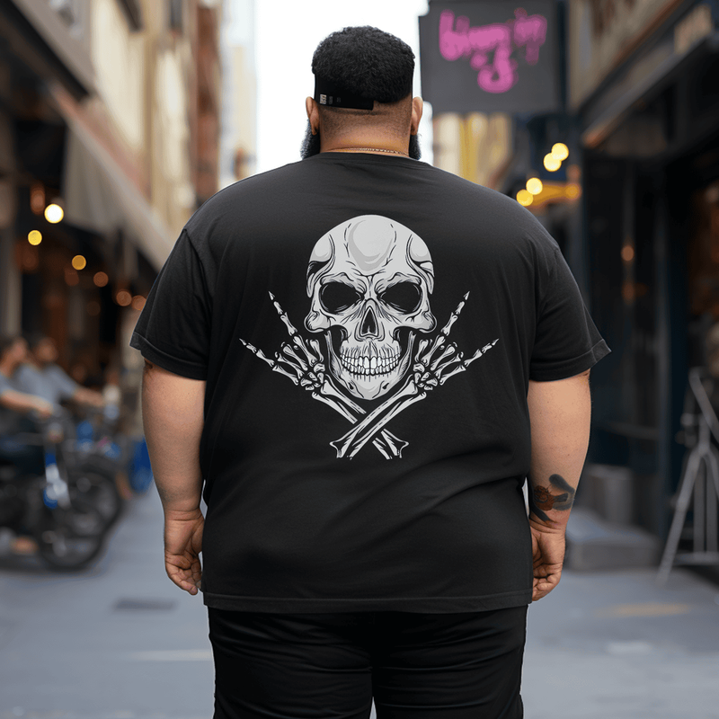 Cool Music Skull Rocker Greeting Skull Man T-Shirt, Plus Size Oversized T-Shirt for Big and Tall Men