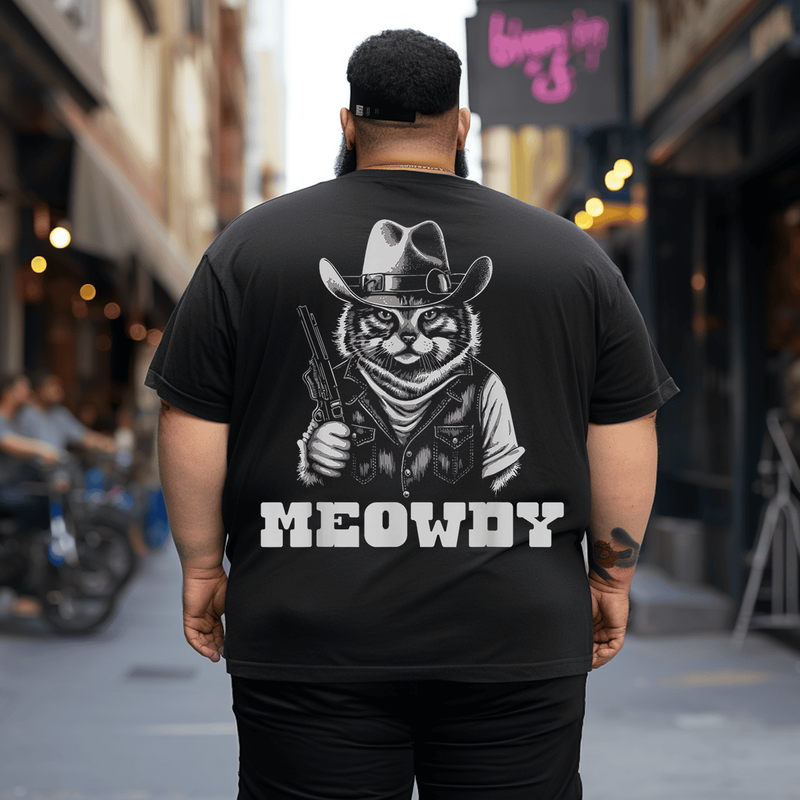 Funny Cat Cowboy Vintage Tee for Men, Plus Size Oversized T-Shirt for Big and Tall 1XL-9XL