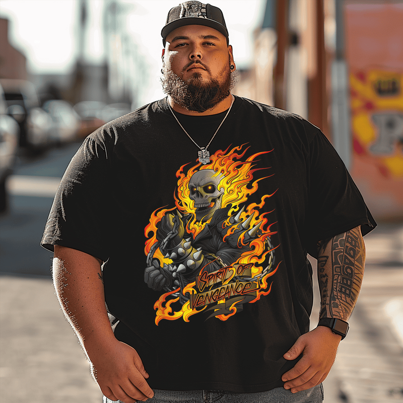 Spirit of Vengeance Flaming Skull T-Shirt, Men Plus Size Oversize T-shirt for Big & Tall Man