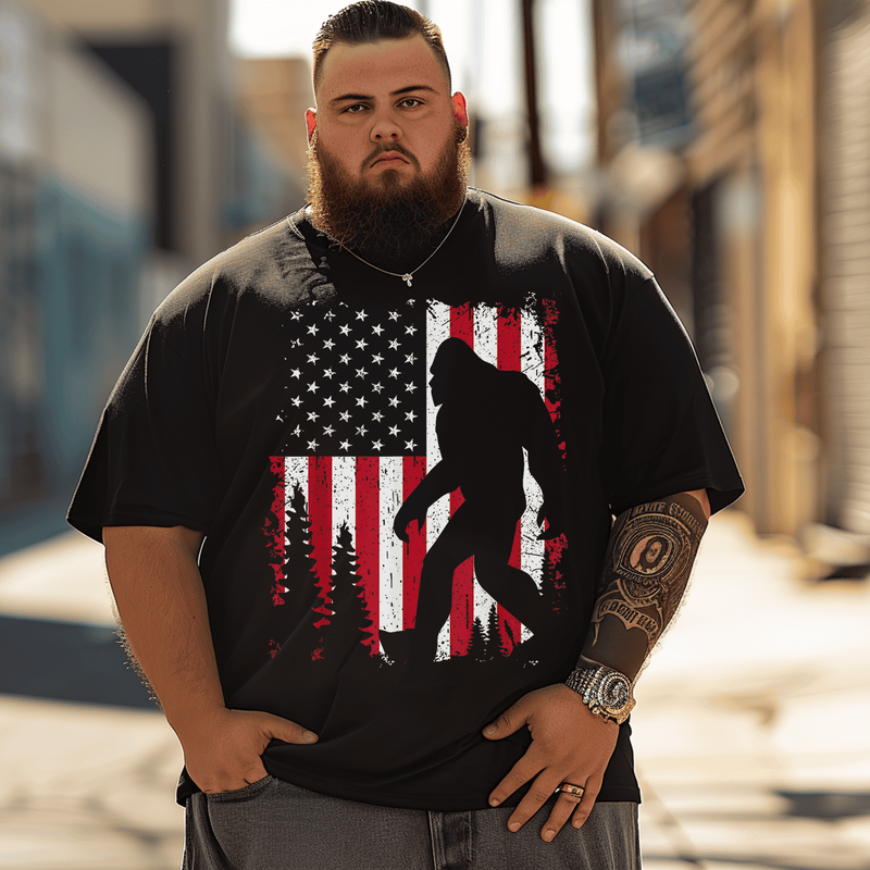 Bigfoot American USA Flag Patriotic T-Shirt, Men Plus Size Oversize T-shirt for Big & Tall