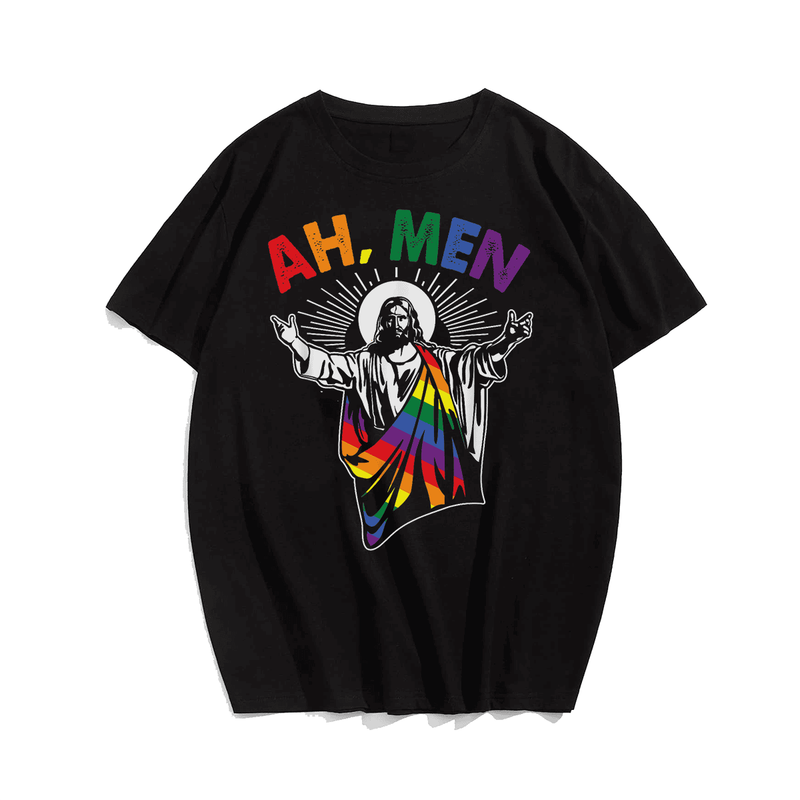 Ah Men LGBT Gay Pride Jesus Rainbow Flag Christian T-Shirt, Men Plus Size T-shirt for Big & Tall