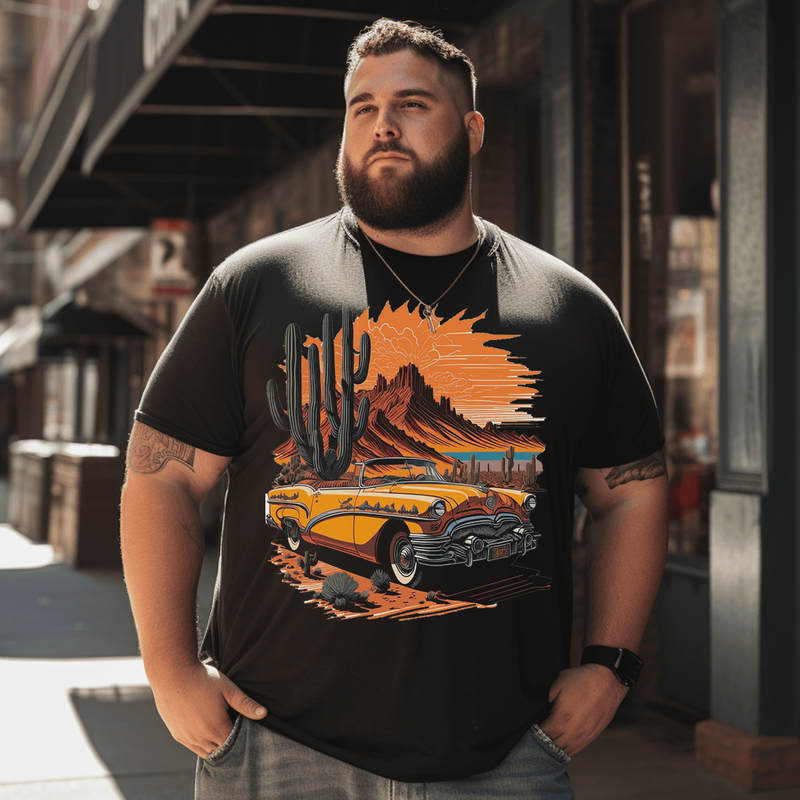 Enjoy Your Vacation Car and Trees Plus Size Men T-Shirt, Oversized T-Shirt for Big and Tall
