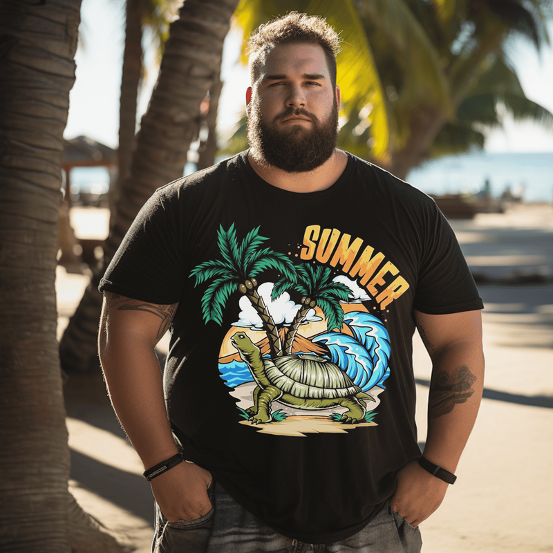 Summer and Sea Turtle Plus Size Men T-Shirt, Oversized T-Shirt for Big and Tall
