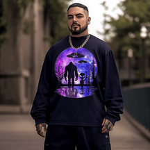 Alien And Bigfoot Full Moon Sasquatch UFO Plus Size Long Sleeve T-Shirt