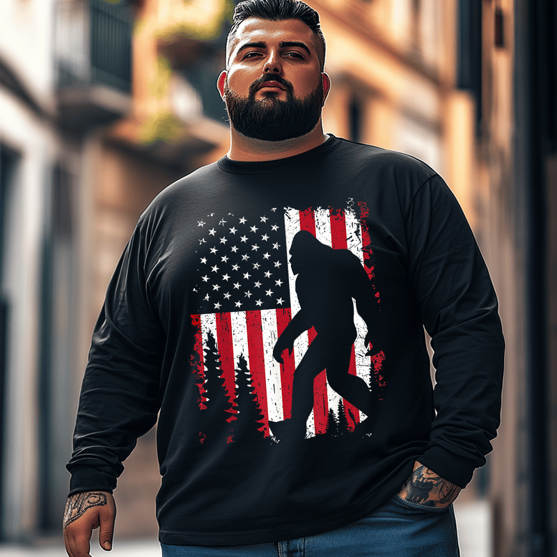 Bigfoot American USA Flag Patriotic Men Plus Size Long Sleeve T-Shirt