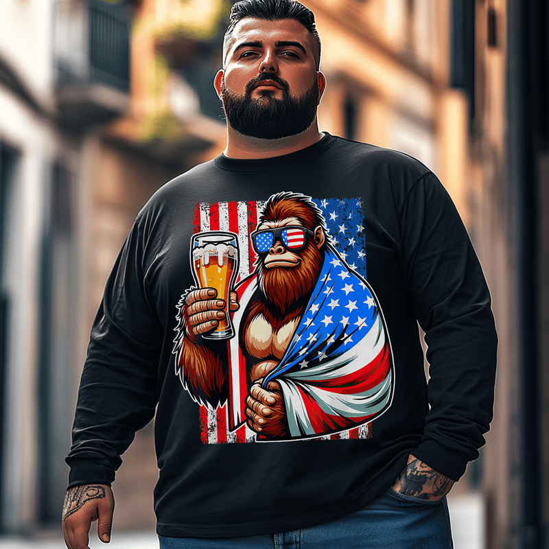 Bigfoot American Flag Drinking Beer Men Plus Size Long Sleeve T-Shirt