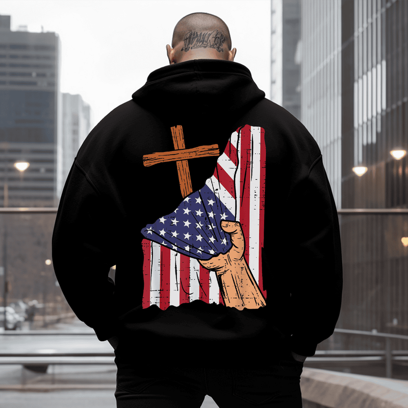 Cross Behind US Flag Religious God Jesus Patriotic Men's Plus Size Hoodie