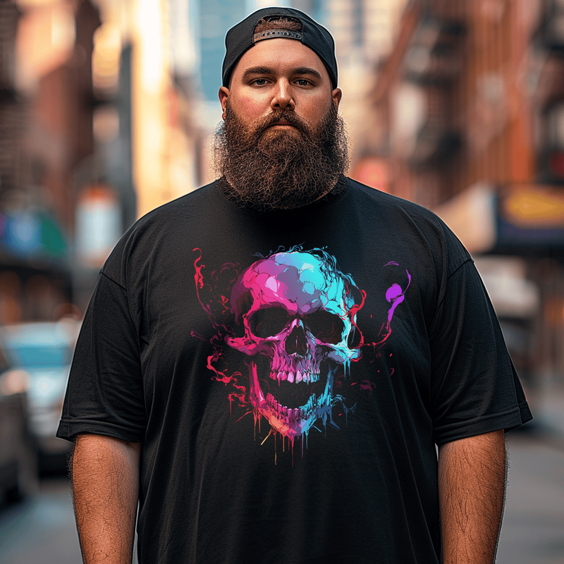 Colorful Laughing Skull Plus Size T-shirt for Men, Oversize Man Clothing for Big & Tall