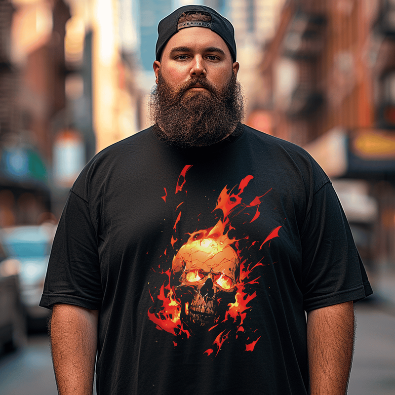 Burning Skull Plus Size T-shirt for Men, Oversize Man Clothing for Big & Tall