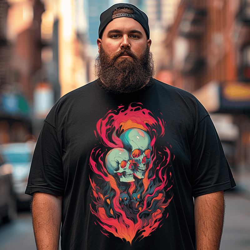 Skulls In Flames Plus Size T-shirt for Men, Oversize Man Clothing for Big & Tall