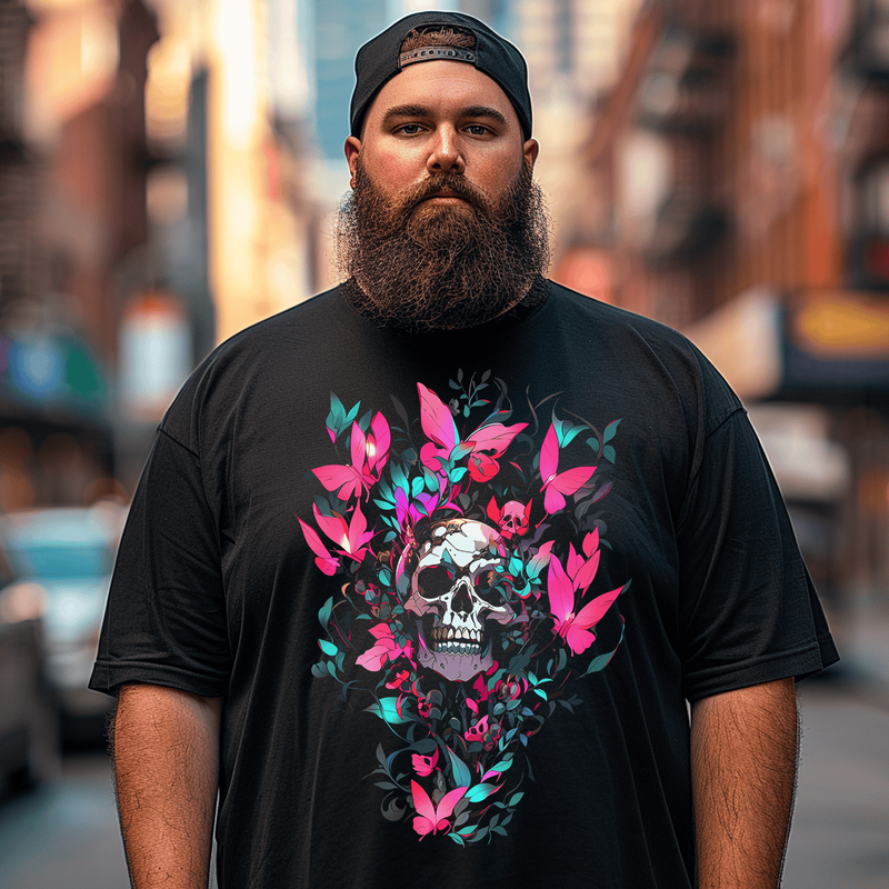 Death & Live, Skull, Flowers, Butterflies, Plus Size T-shirt for Men, Oversize Man Clothing for Big & Tall