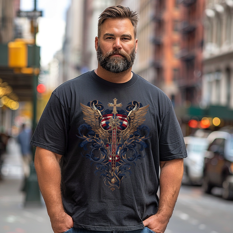 Eagle & Cross, Free & Faith #2 Plus Size T-shirt for Men, Oversize Man Clothing for Big & Tall