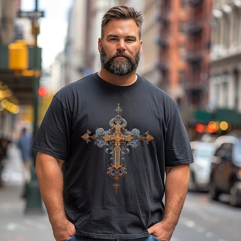 Church Cross Plus Size T-shirt for Men, Oversize Man Clothing for Big & Tall