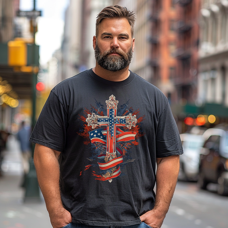 America Flag & Cross, Free & Faith, Plus Size T-shirt for Men, Oversize Man Clothing for Big & Tall