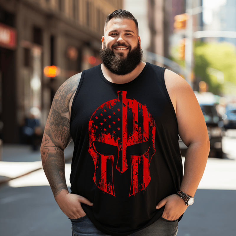Red Warrior Skull Tank Top Sleeveless Tee, Oversized T-Shirt for Big and Tall