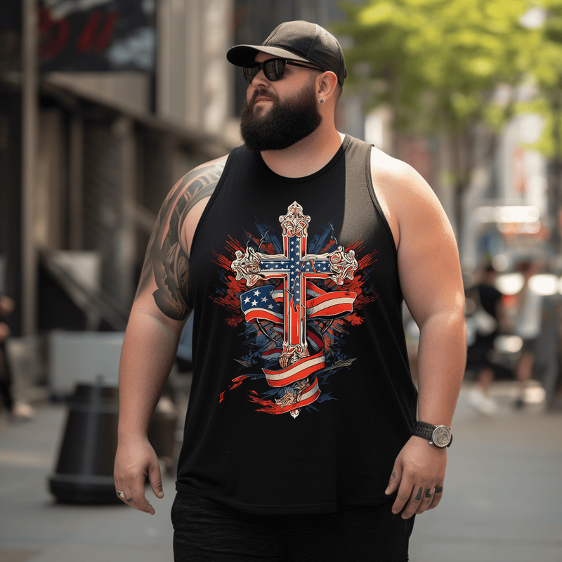 America Flag & Cross Skull Tank Top Sleeveless Tee, Oversized T-Shirt for Big and Tall