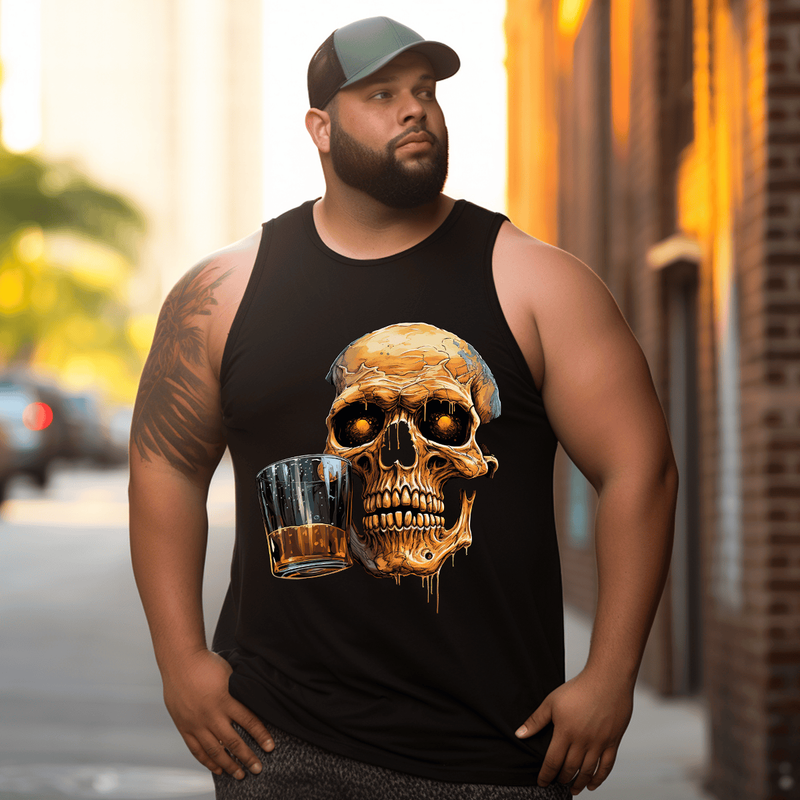 Beer Skull Top Sleeveless Tee, Oversized T-Shirt for Big and Tall