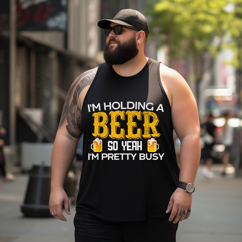 Funny I'm Holding a Beer Tank Top Sleeveless Tee, Oversized T-Shirt for Big and Tall