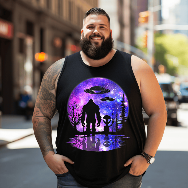 Alien And Bigfoot Full Moon Sasquatch UFO Tank Top Sleeveless Tee, Oversized T-Shirt for Big and Tall