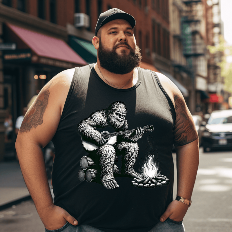 Bigfoot Playing Guitar Rock on Sasquatch Big Foot Tank Top Sleeveless Tee, Oversized T-Shirt for Big and Tall