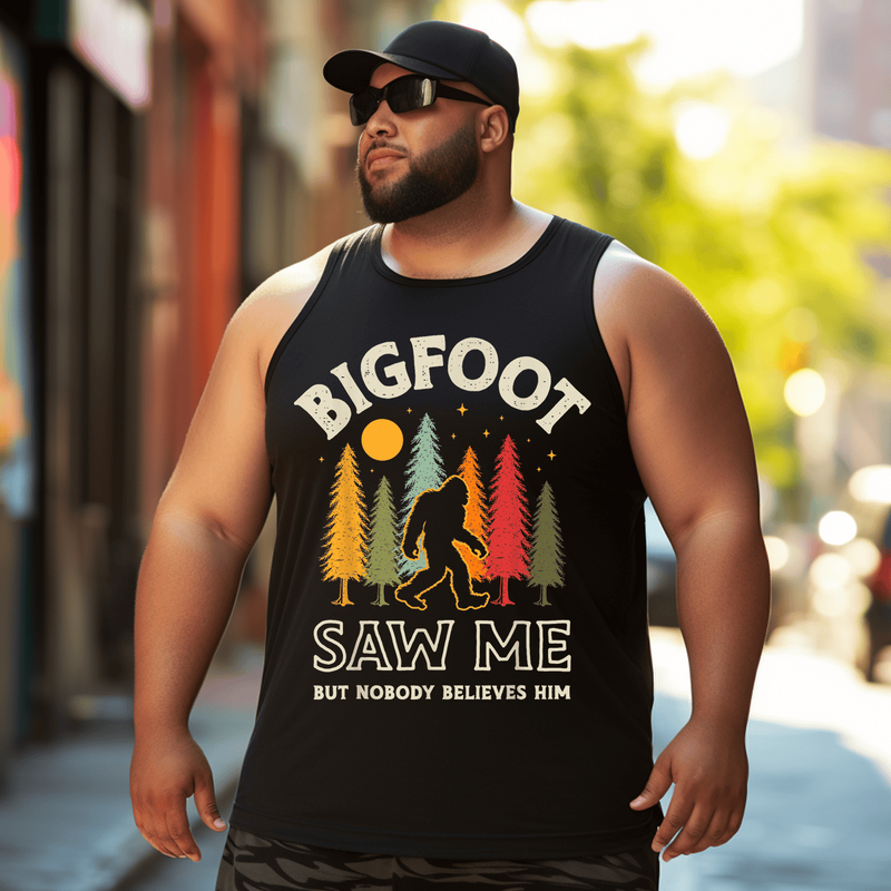 Bigfoot Saw Me But Nobody Believes Him Funny Sasquatch Retro Tank Top Sleeveless Tee, Oversized T-Shirt for Big and Tall