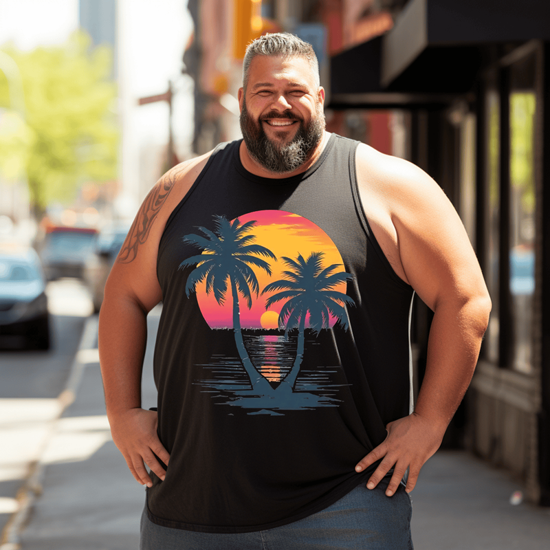 Sunset Palms Tank Top Sleeveless Tee, Oversized T-Shirt for Big and Tall