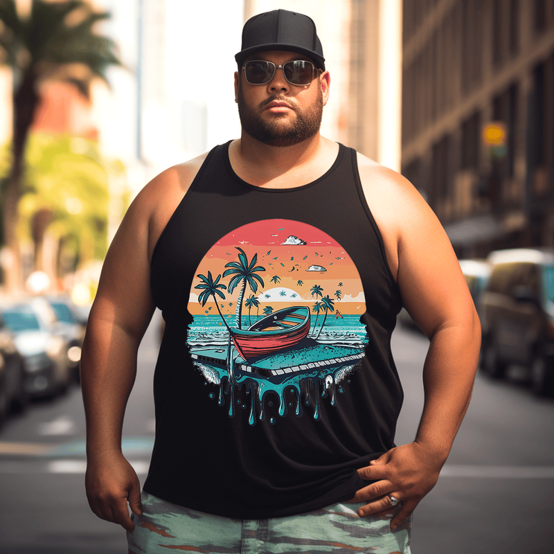 Beach and Boats Tank Top Sleeveless Tee, Oversized T-Shirt for Big and Tall