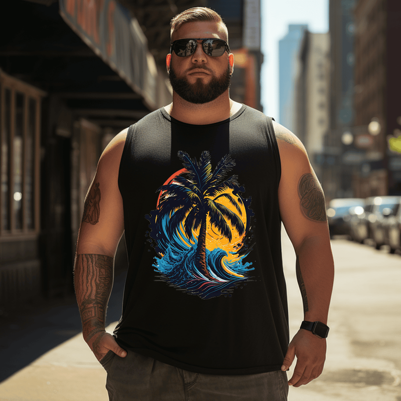 Palm Tree Vacation Tank Top Sleeveless Tee, Oversized T-Shirt for Big and Tall