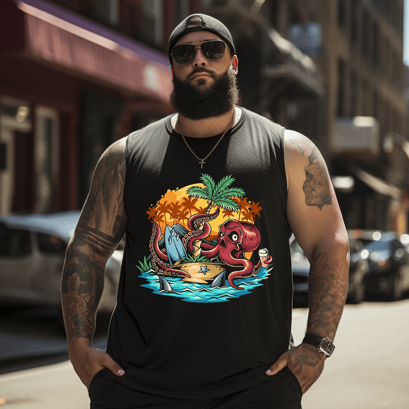 Octopus Beach Tree Men Tank Top Sleeveless Tee, Oversized T-Shirt for Big and Tall